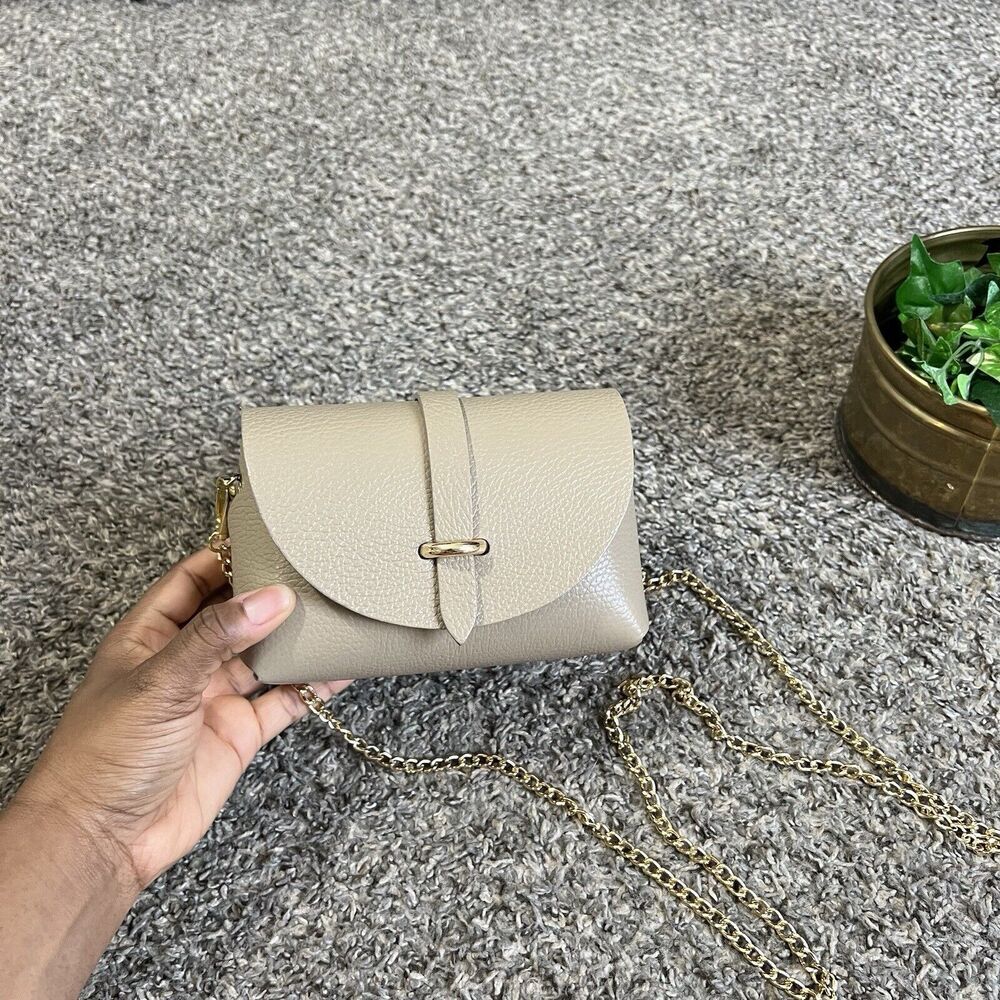 Borse In Pelle Italian Leather Structured Crossbody Bag Tan Gold Chain New